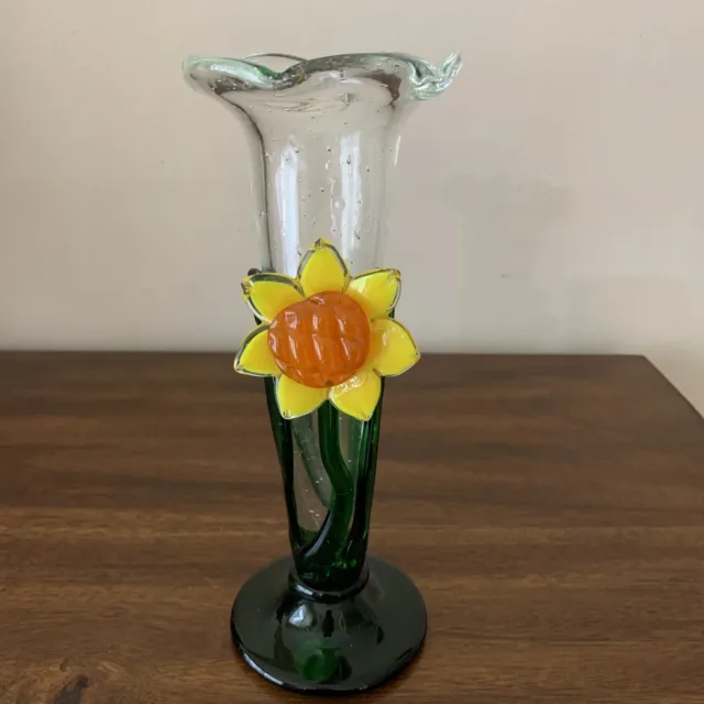 Hand Blown Art Glass Bud Vase Applied Yellow Sunflower Green Red Flower