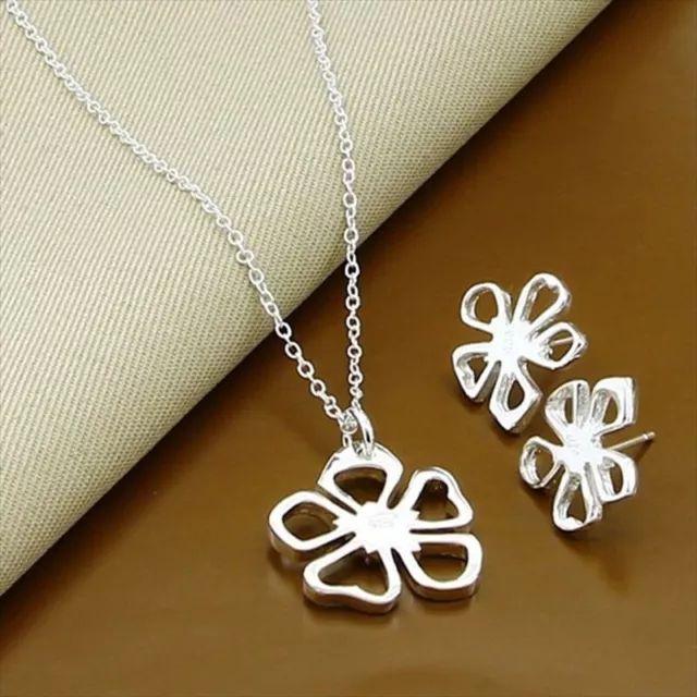 Fashion 925 Sterling Silver Flower Necklace Earrings Stud Jewelry Sets Wholesale