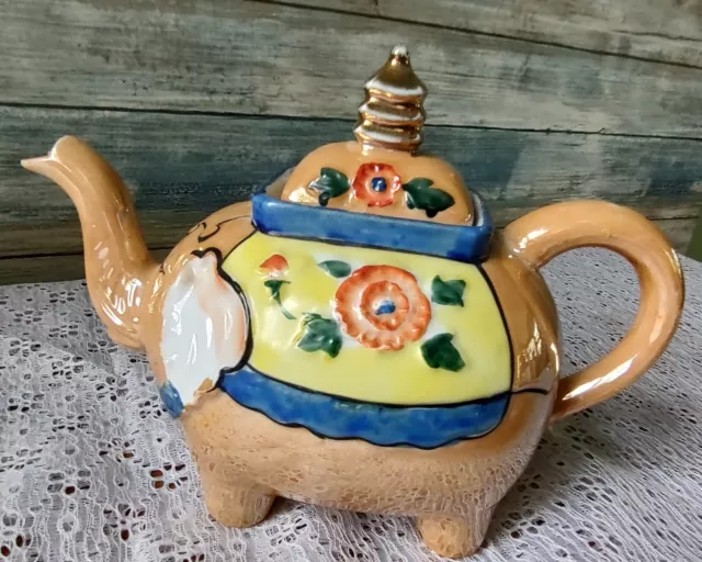 Vintage Porcelain Elephant Tea Pot Hand Painted Peach Luster Trunk Up Japan