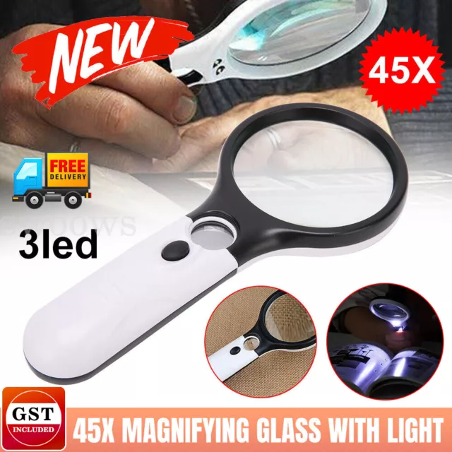 Glass Reading 3X Loupe 45X Magnifier Magnifying Jewelry 3 LED Light Handheld