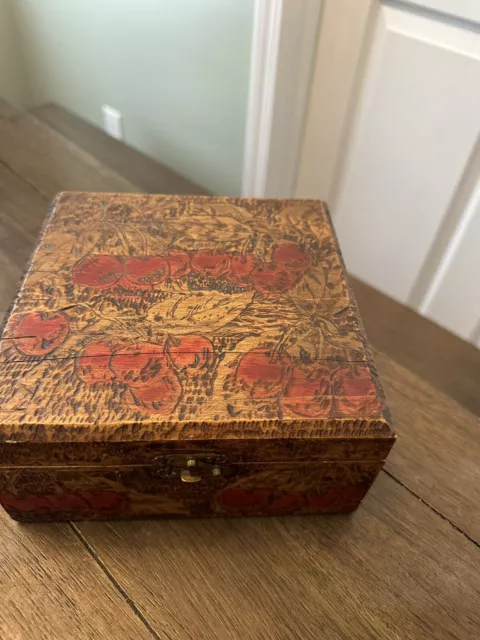 Vintage Folk Art Cherry Design Box Possibly Hand Carved