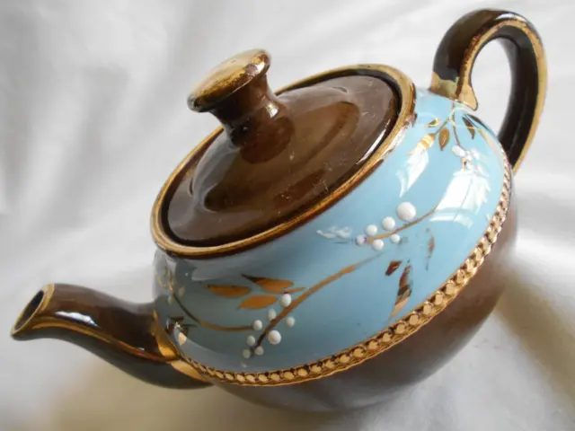 Vintage Small Individual Sadler Teapot Brown & Blue W/Gold Trim