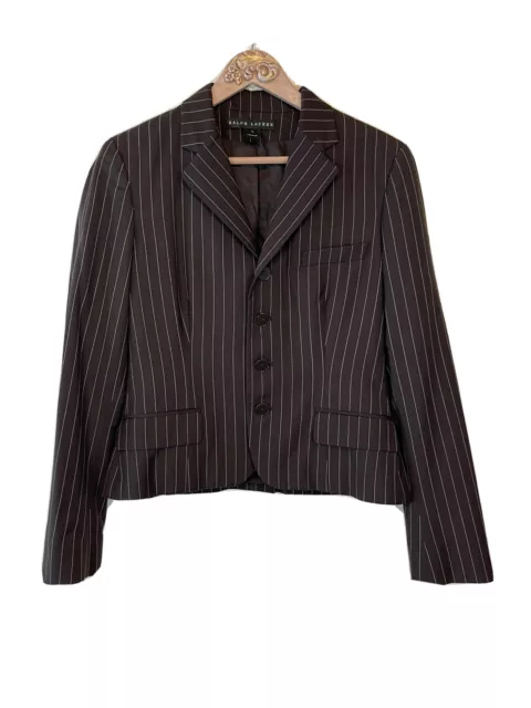 RALPH LAUREN 10 Black Label Womens Brown Pinstriped Wool Blazer Suit Jacket