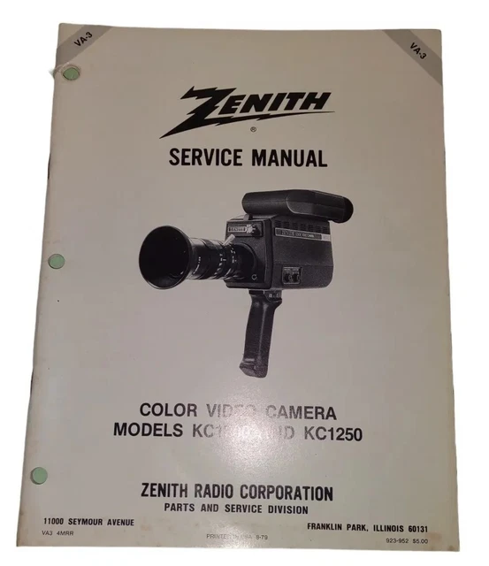 ZENITH SERVICE MANUAL color video camera model KC1000 and KC 1250 £14. ...