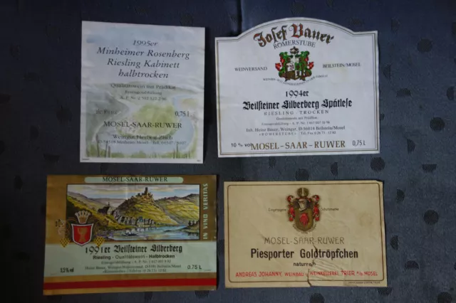 4 Etiketten von Weinflaschen 1930er Jahre, 1991, 1994, 1995