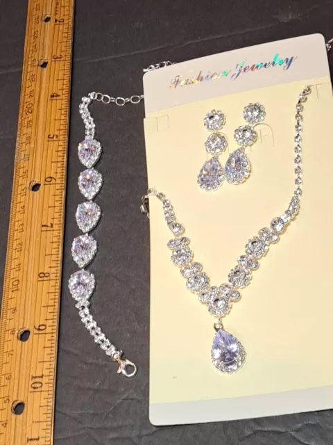 Rhinestone Necklace & Matching Dangle Pierced Earrings Bracelet Set Teardrop