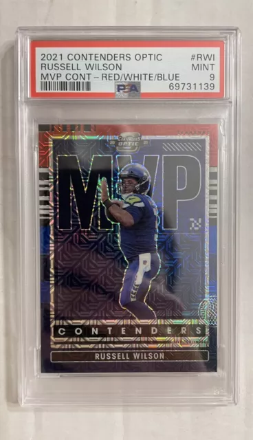 2021 Panini Contenders Optic RUSSELL WILSON MVP Red|White|Blue MOJO /13 PSA 9