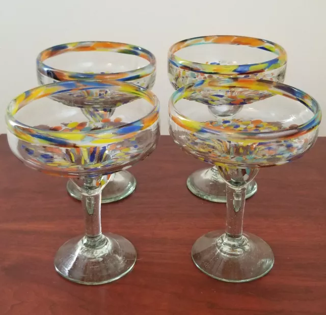 Mexican Hand-Blown Glass – Set of 4 Hand-Blown Confetti Color Margarita Glasses 