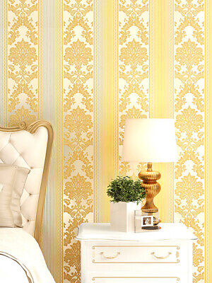 10M Vintage Luxury Stripe Gold Damask Wallpaper Embossed Textured Non-woven Roll