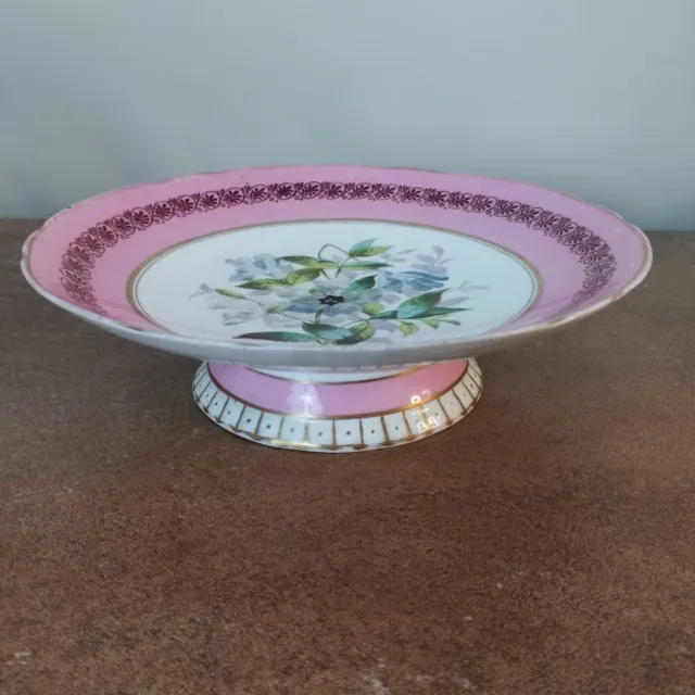 Antique Victorian, Staffordshire, Pink Hand Painted Cake Stand with Flowers