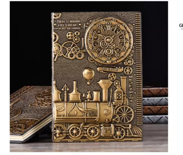 Vintage Steampunk Train Clock PU Leather Hard Cover Journal Notebook Lined Diary