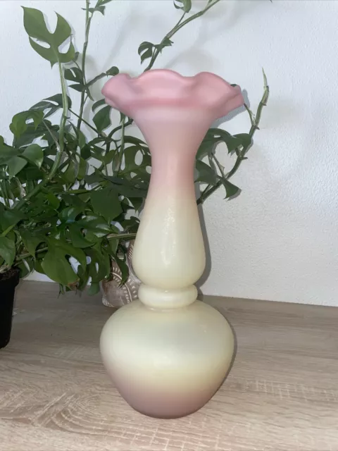 13" Gorgeous Pink Yellow Satin Hand Blown Art Glass Vase Ruffled Edge