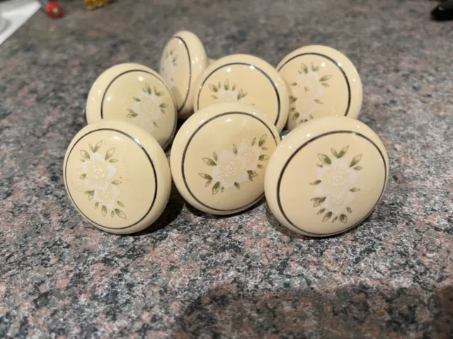 7 Off White Ceramic Cabinet Drawer Knobs Pulls w/ Flowers Silver Trim and Screws