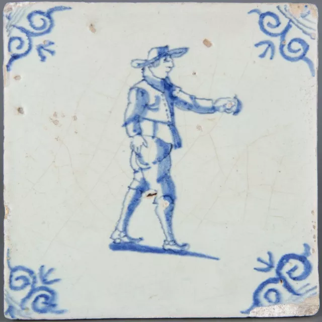 Nice Dutch Delft Blue tile, figure, mid 17th century.