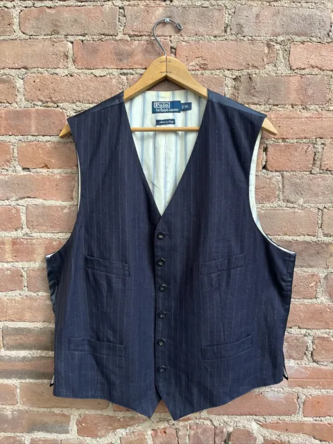 Vtg Polo Ralph Lauren Men’s Vest, Sz XL, Navy Blue Pinstripe Wool/Linen Italy
