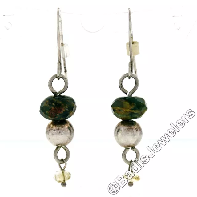 Vintage Plata de Ley Jaspeado Verde Piedra Amarillo Cristal Cuenta Pendientes