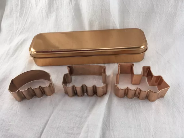 Copper Colored Train Cookie Cutter Set of 3 Engine, Passenger, Caboose in Box