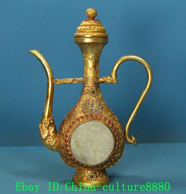 9.4 '' ANTIQUE bronze serti d'or blanc jade tête de dragon EUR 2.196,00