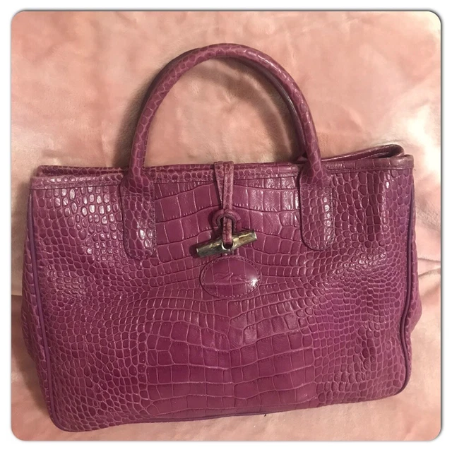 LONGCHAMP Roseau Crocodile Embossed Purple Leather HandBag