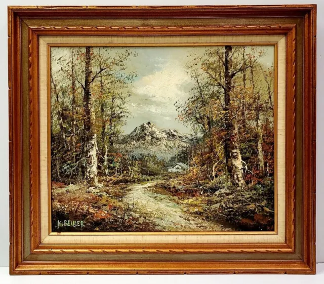 Signed K. Beiber Framed 32"x28" Oil Painting on Canvas Fall to Winter Landscape