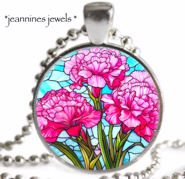 Carnation January Birth Month Flower Faux Stained Glass NECKLACE Birthday Gift