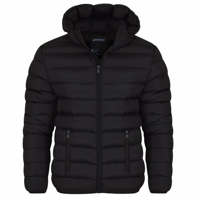 Mens Plain Black Hooded Padded Quilted Puffer Jacket Winter Coat Zip Pockets