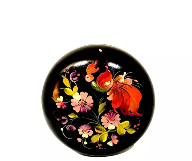 Trinket Box Black Lacquer Hand Painted Round Floral Bird Wood