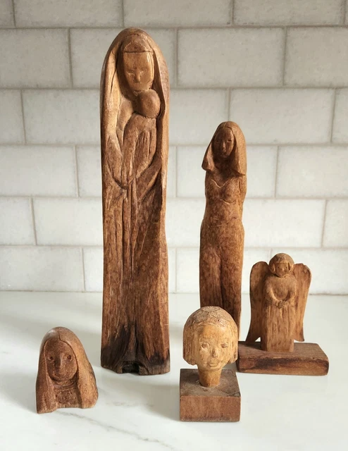 Vintage lot 6 PRIMITIVE hand carved naive wooden FEMALE Figures