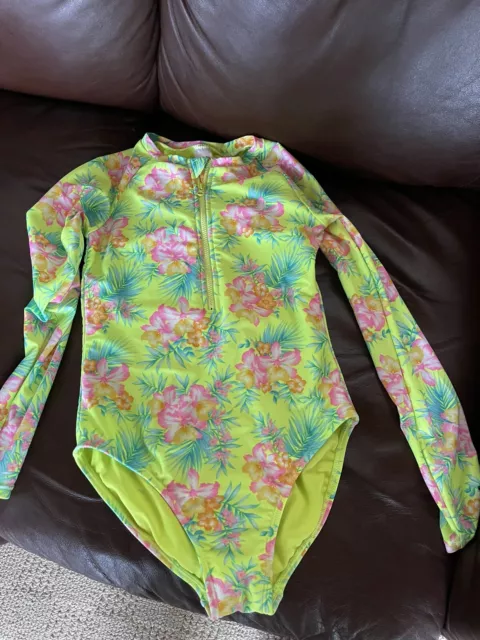 Cat & Jack Girls Youth Aloha Floral Rash Guard Lime Green Size L (10-12) Euc