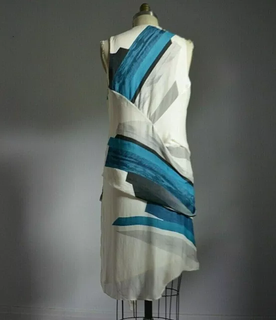 HELMUT LANG TISSUE 100% SILK IVORY & TEALDRAPED SLEEVELESS DRESS w/ SILK LINING 3