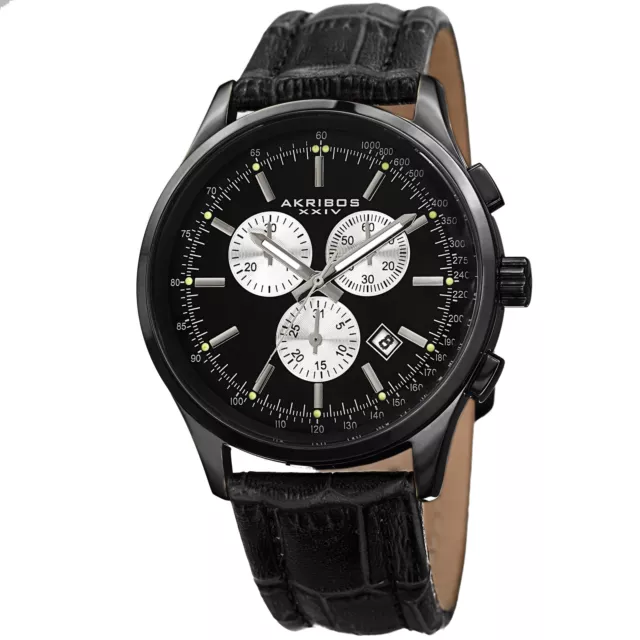 New Men's Akribos XXIV AK863BK All Black Dial Chronograph Leather Strap Watch