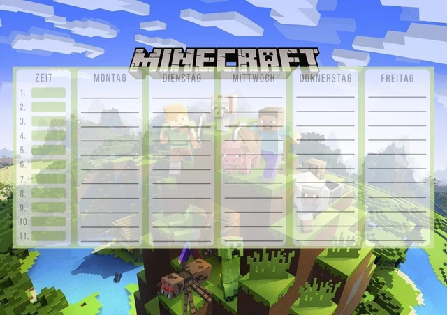 STUNDENPLAN ZUM AUSDRUCKEN, Minecraft, 10 Designs, personalisierbar EUR