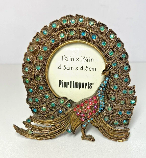 Pier 1 Imports 1 3/4 x 1 3/4 Peacock  Metal Rhinestones Desk Picture Frame