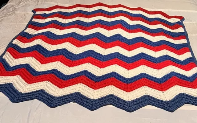 Hand Crocheted Red, White And Blue Striped Afghan 41” X 47” patriotic granny