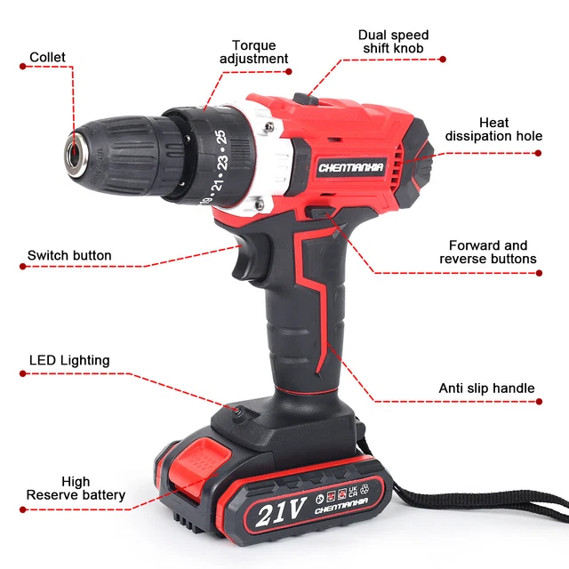 2 BATTERY 21V Cordless Hammer Drill Set Electric Impact Driver