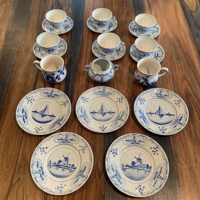 Delft Blue Tea Set Lot Of 20 Pieces (Mugs, Cups, Plates)
