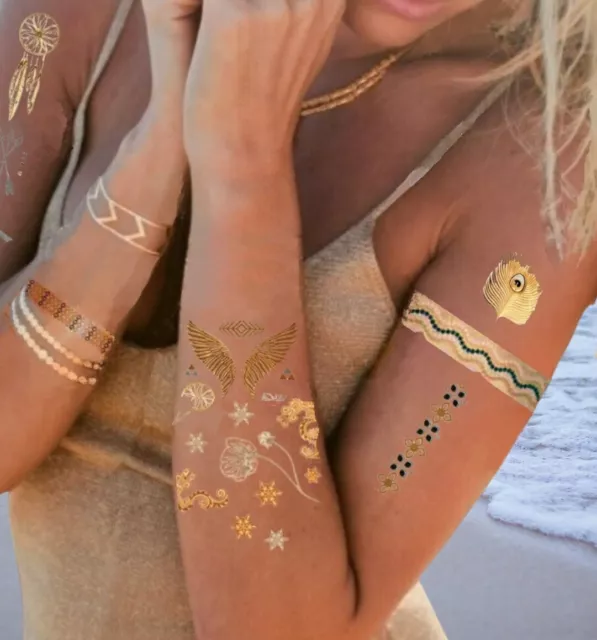 Flash Einmal Temporary Klebe Tattoo XL.6er Set Gold Silber  Premium Geschenk.