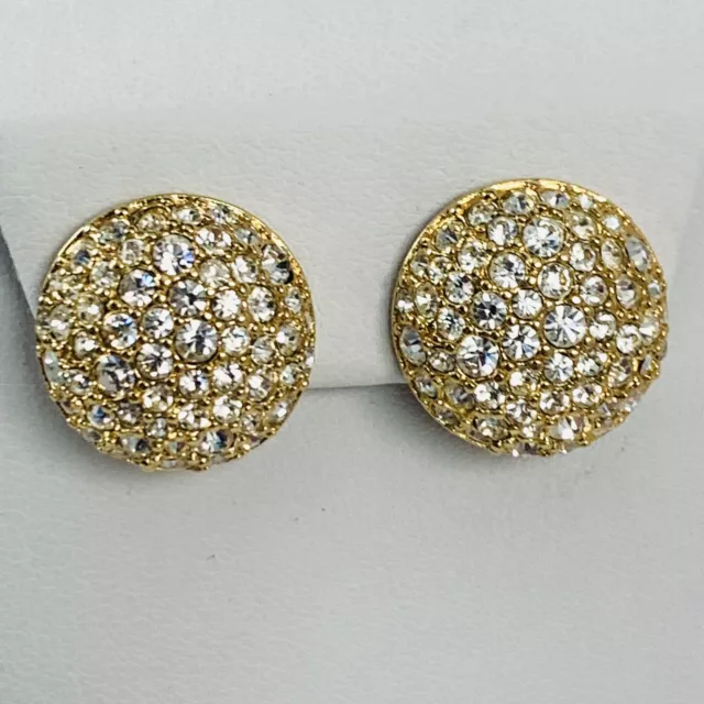 Vintage SWAROVSKI SWAN Signed Round Crystal Gold Tone Clip on Earrings
