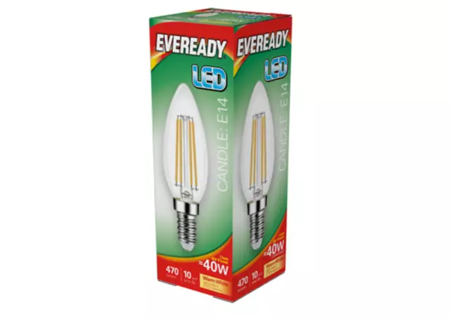 4w = 40w Eveready LED Candle Filament Light Bulbs SES Small Screw E14 Warm White