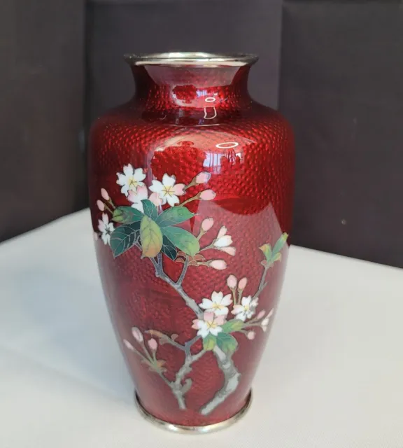Vintage Cloisonne Vase Red Enamel Pigeon Blood Floral Japan Ginbari Akasuke