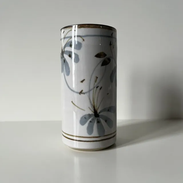 Grayshott Studio Pottery Vase Surrey Neutral Tones With Blue Floral Design