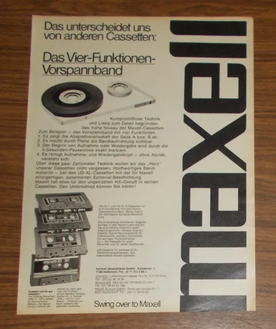 Seltene Werbung MAXELL UD-XL UD-XL II Cassetten 4-Funktionen-Voespannband 1980