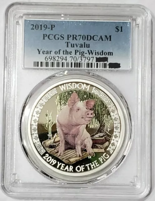 2019 1 Oz Silver $1 Tuvalu YEAR OF THE PIG WISDOM PR70DCAM Colored Coin.