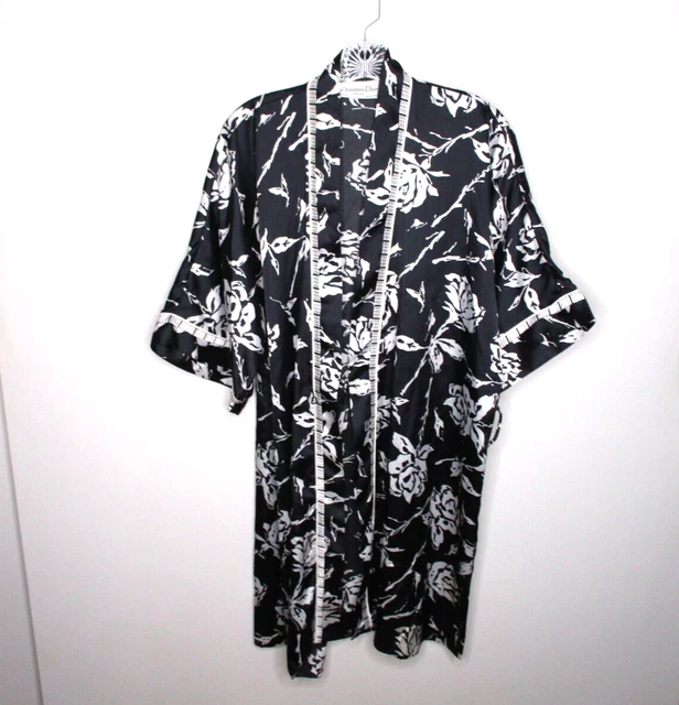 Vintage Christian Dior Womens Robe Large Black White Floral Satin Lingerie 80s