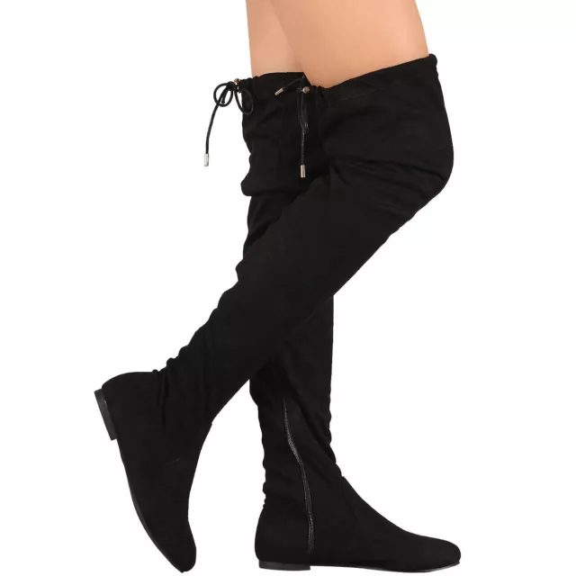 New Vegan Suede Drawstring Tie Lace Up Women Over The Knee Flat Boot Pull On Zip