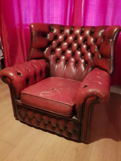Oxblood Red Leather vintage Chesterfield Wingback Armchair original