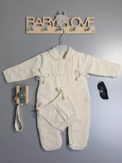 Newborn Unisex Strampler Baby Strick Overall Outfit mit Mütze Wollmischung Creme