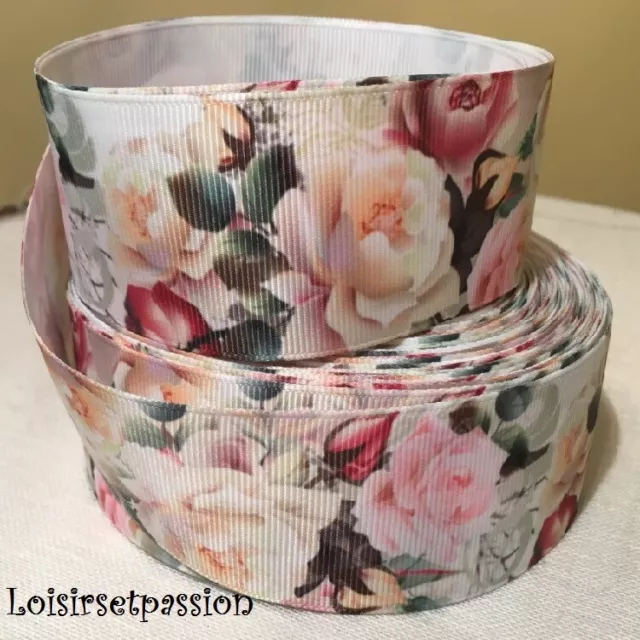 Large Ruban gros grain, BOUQUET de ROSES PASTEL ** 38 mm ** au mètre