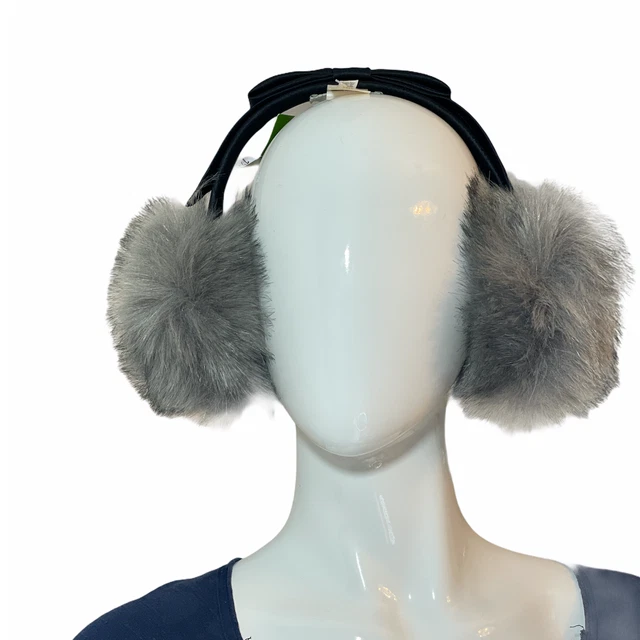 Kate Spade Black Satin Bow Headband Earmuffs with Faux Fur FLUFFY HUGE SOFT MUFF