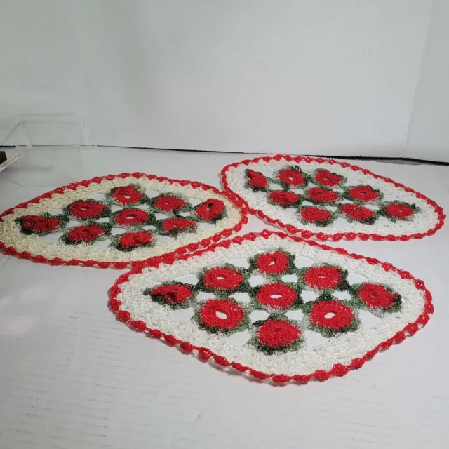 Vtg Crocheted Red Green & White 13" x 8" Diamond Holiday Handmade Doily ~ lot 3